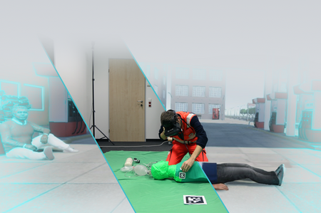 Ein Übungsszenario in der Virtual Reality und wie es beim Üben aussieht: Ein Johanniter hilft einer verletzten Person, die am Boden liegt.