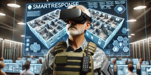 Eine Einsatzkraft verwendet die VR-Technologie und hat eine VR-Brille auf.