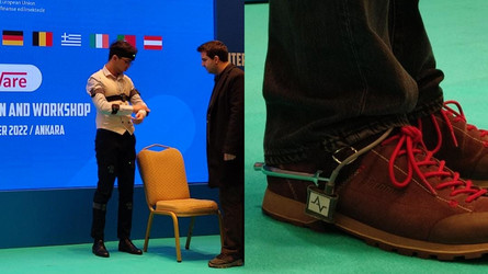 Eine Collage von den Forschungsergebnissen: ein Sensorsystem, das man am Oberkörper trägt - ein Sensor am Schuh - eine App am Handy - 3 Personen, die die Sensorsysteme erklären