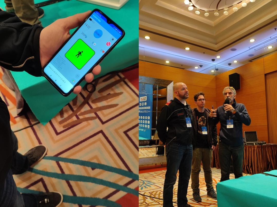 Eine Collage von den Forschungsergebnissen: ein Sensorsystem, das man am Oberkörper trägt - ein Sensor am Schuh - eine App am Handy - 3 Personen, die die Sensorsysteme erklären