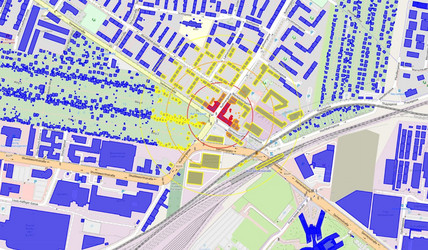 Die Landkarte einer Stadt ist als digitaler Zwilling erfasst und farblich in verschiedene Bereiche geteilt.