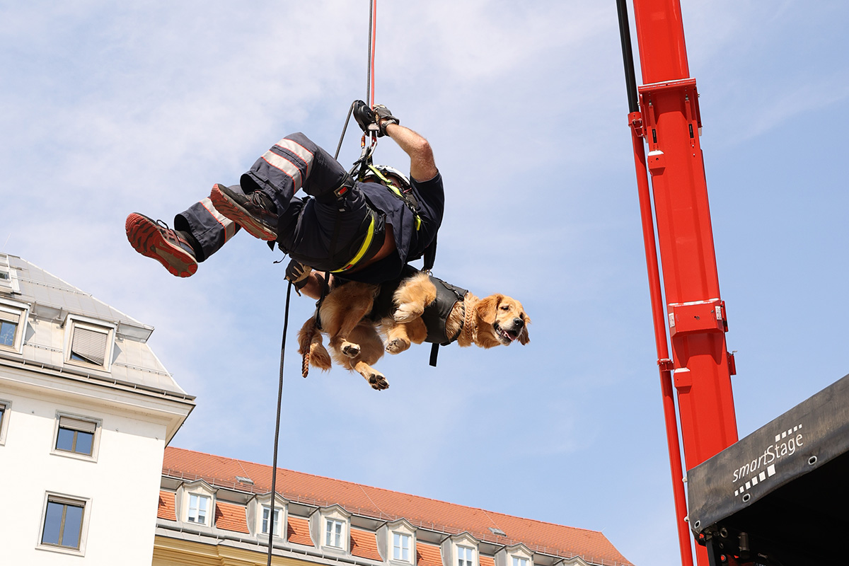Sanitäter wird mit dem Rettungshund von einem Kran abgeseilt